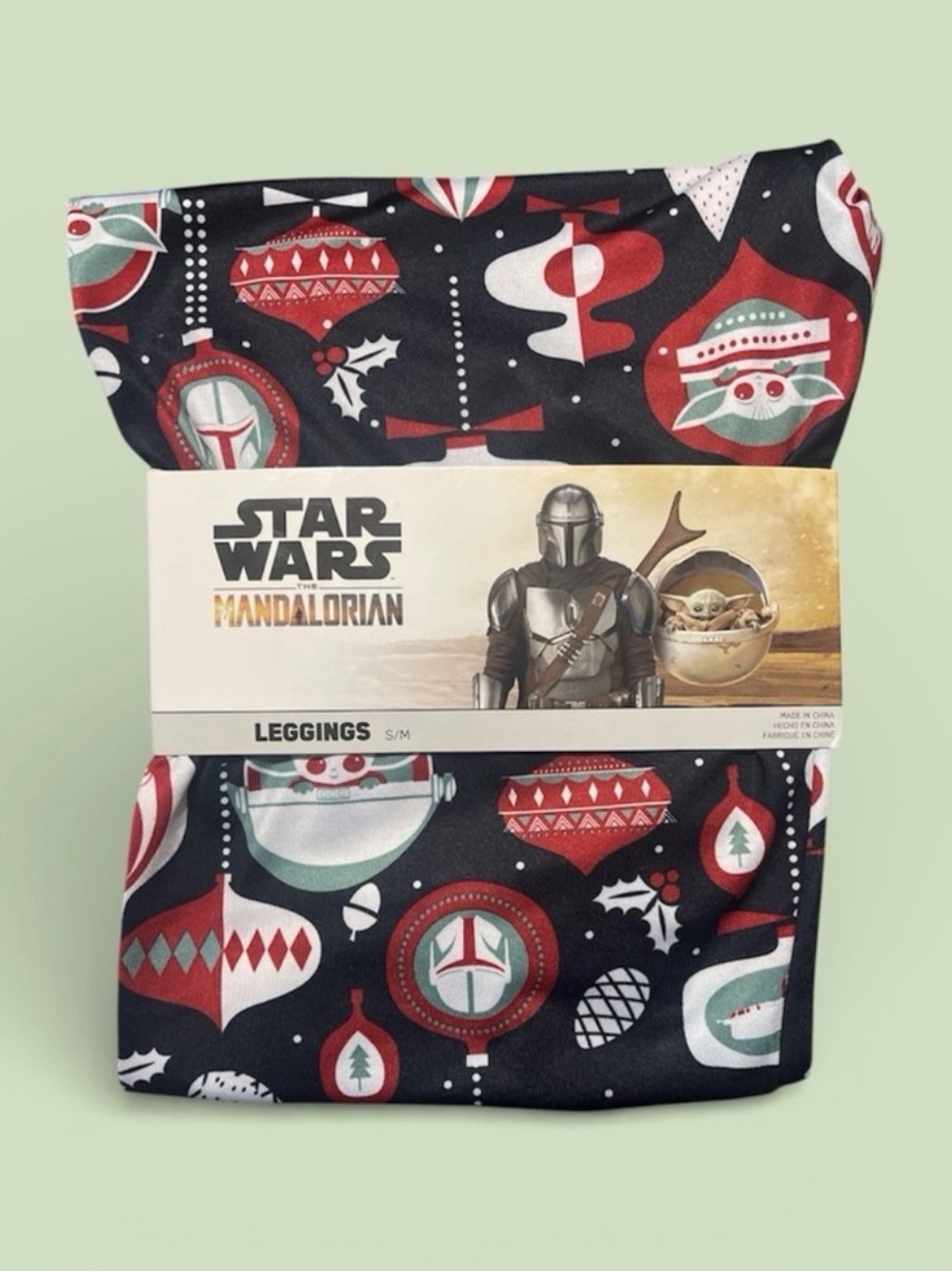 Star Wars Mandalorian Holiday Leggings - Black with Red, Green & White Ornaments